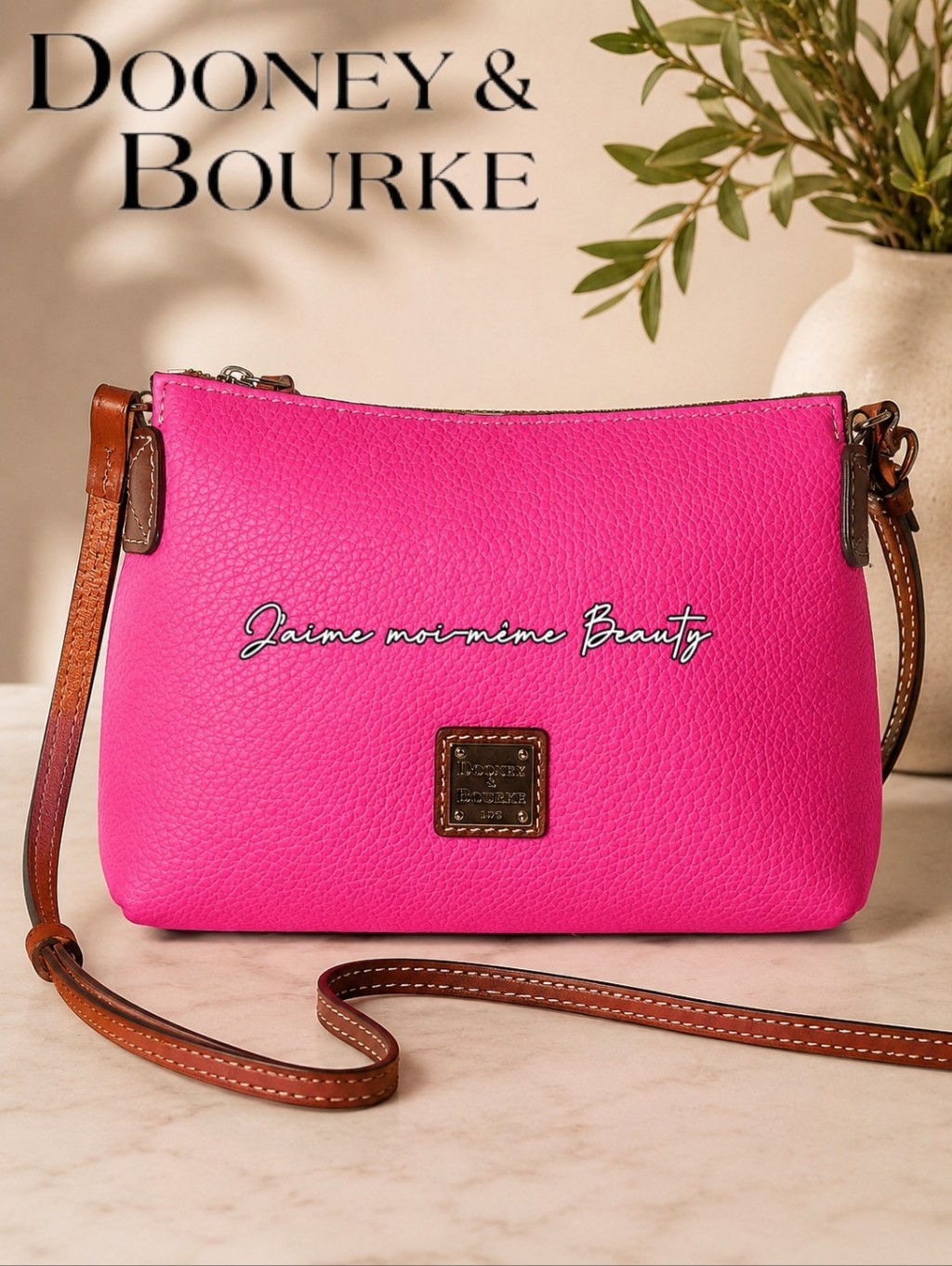 Dooney & Bourke Electric Hot Pink Pebbled Leather Crossbody With Brown Strap